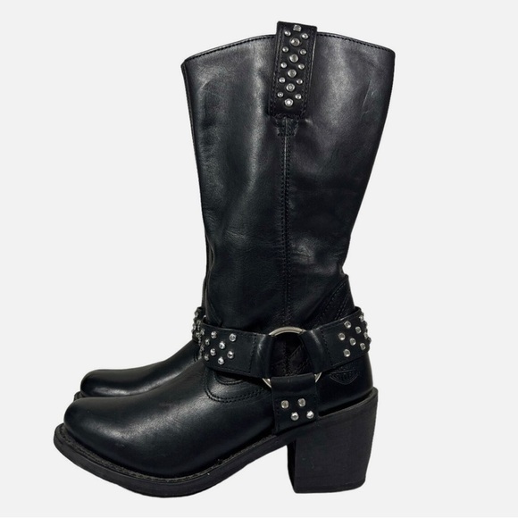 Harley Davidson Women’s Black Leather Rhinestone Studded Side Zip Heeled Boots - Picture 1 of 8